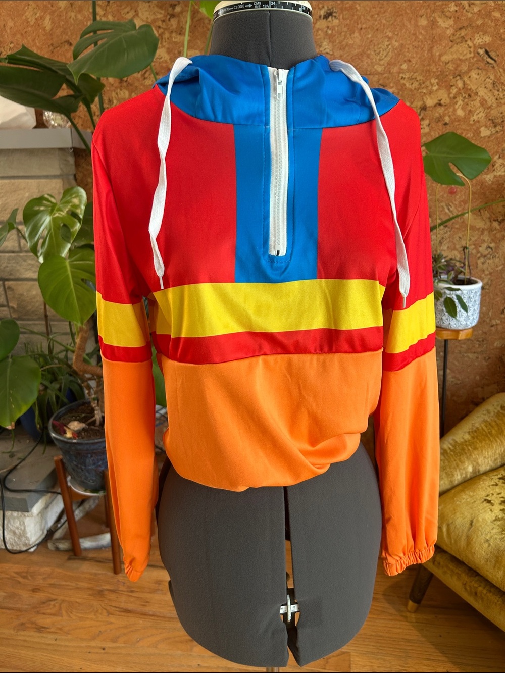 Vintage Colorblock Hooded Pullover Top - Red, Blue, Yellow, Orange